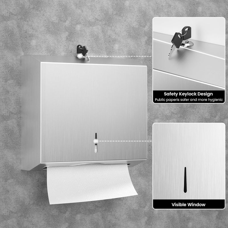 SettleDown Paper Towel Dispenser Wall Mount -Commercial C Fold/Multi-fold/Tri-fold,Stainless Steel Bathroom Hand Towel Dispenser with Lock Design - Image 4